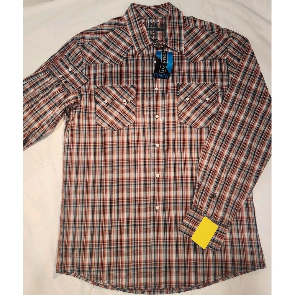 NWT Cinch Men's Medium Modern Fit Long Sleeve Plaid Pearl Snap Button Up Shirt